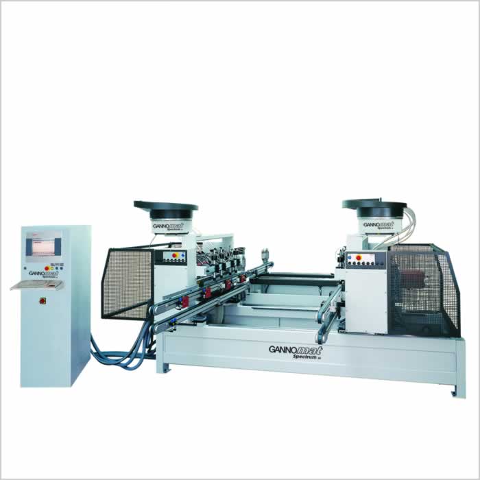 Through-feed machine for drilling, gluing and dowling for double sided operation - GANNOMAT Spectrum